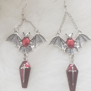 Silver Bat and Red Coffin Dangle Earrings - Gothic Women Jewelry
